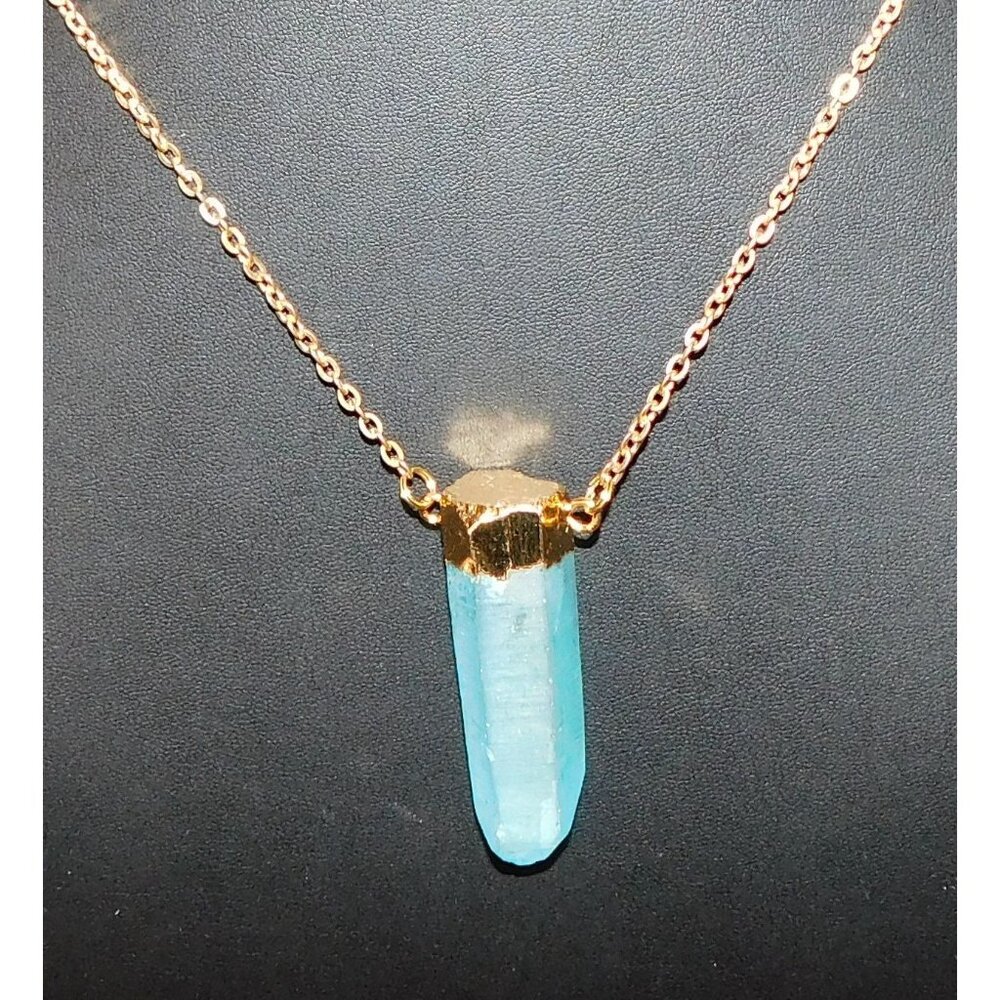 Beljoy Quartz Pillar Necklace With Blue Frost Finish And Gold Tone Cap